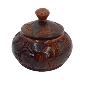 Wooden Trinket Box Hand Carved Turned Lid Round Floral Vintage Cottage Boho